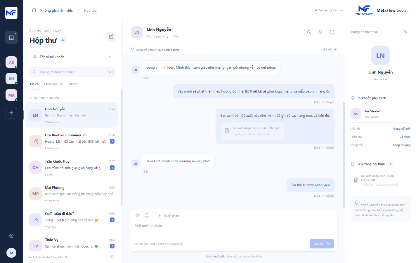 Giao diện MetaFlow Social: tài khoản, hộp thư, nội dung chat và thông tin hội thoại